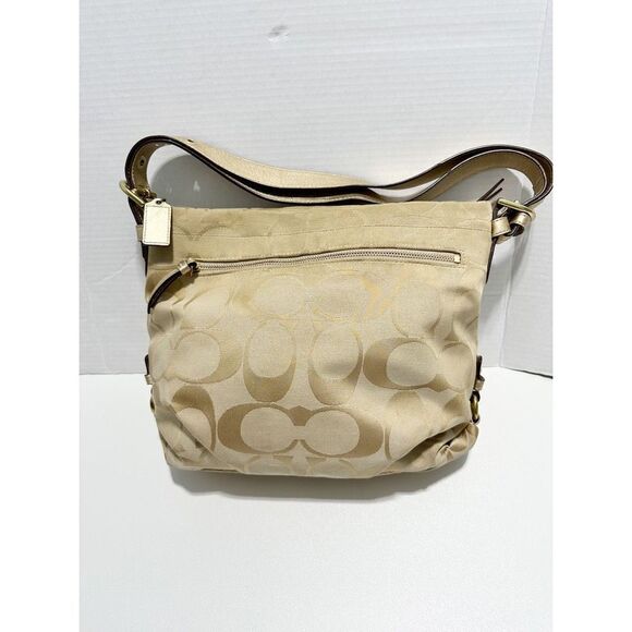 Coach Beige Signature Canvas C Print Canvas Leather Trim Hobo Shoulder Bag Gold - Picture 4 of 12